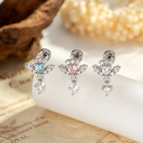 Angel Wings Heart Zircon Ear Cartilage Stud Titanium Steel Copper Piercing Jewelry Screw Back Flat Back Elegant Niche