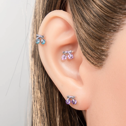 Cherry Earring Studs Titanium Steel Copper Zirconia Cartilage Piercing Jewelry Sweet Bow Fruit Design For Women