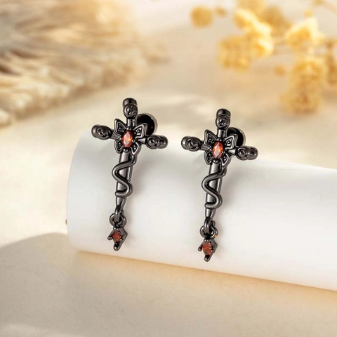 Boucle Oreille Piercing Croix Serpent Gothique Acier Titane Noir Avec Zircon Rouge Style Punk Sombre Unisexe