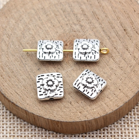 Vintage Square Zinc Alloy Flower Beads Floral Embossed Small Hole Spacer Beads For Jewelry Making DIY Handicrafts Antique Silver Bronze