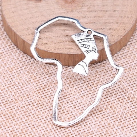 Vintage Zinc Alloy Africa Map Nefertiti Pendant Antique Silver Ancient Egypt Queen Silhouette DIY Jewelry Making Accessory