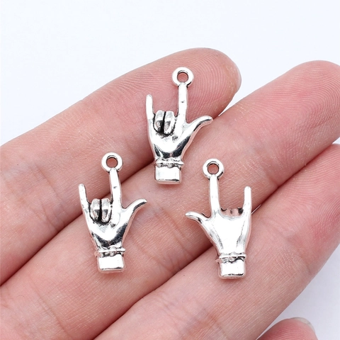 Ciondolo Gesto della Mano I Love You in Lega di Zinco Vintage Argento Antico Galvanico Pendente Segno della Mano per Gioielli Fai da Te