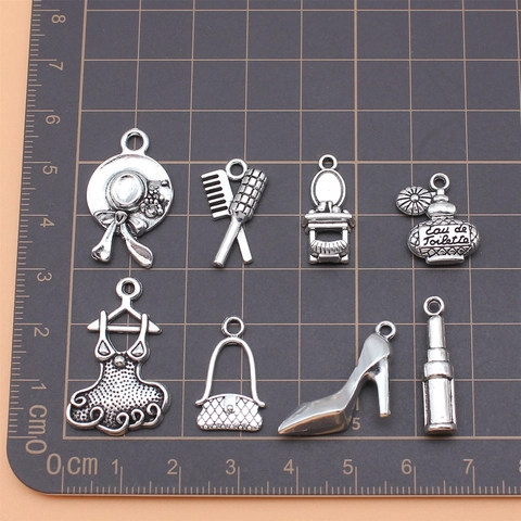 Retro Alloy Fashion Charm Set Antique Silver Finish Lipstick High Heel Perfume Bottle Shapes For DIY Jewelry Making Accessories
