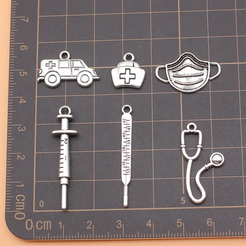 Juego de Dijes de la Serie Médica de Aleación de Plata Antigua para la Fabricación de Joyas DIY Jeringa Estetoscopio Termómetro Máscara Ambulancia