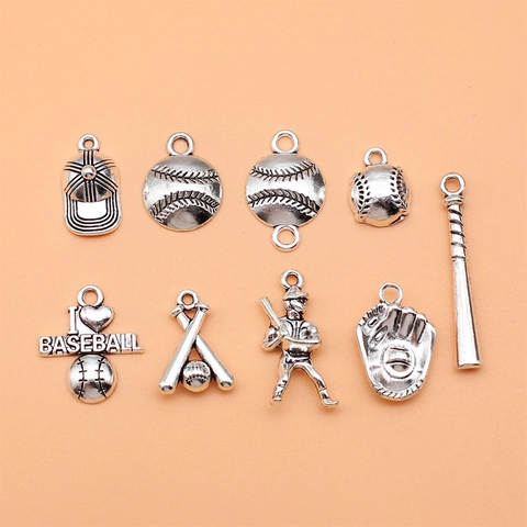 Antique Silver Alloy Baseball Theme Pendants For DIY Jewelry Making Including Baseball Bat Glove Hat Ball And Player Charms