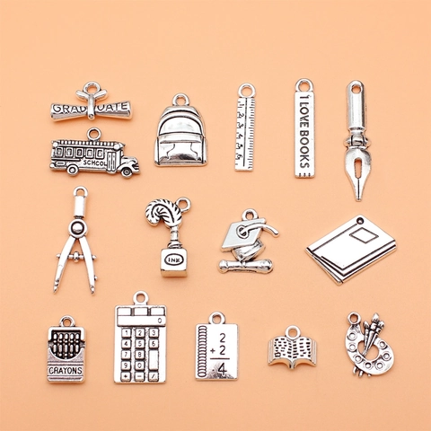 Antique Silver Alloy School Theme Pendants For DIY Jewelry Making School Bus Ruler Graduation Hat Book Charms