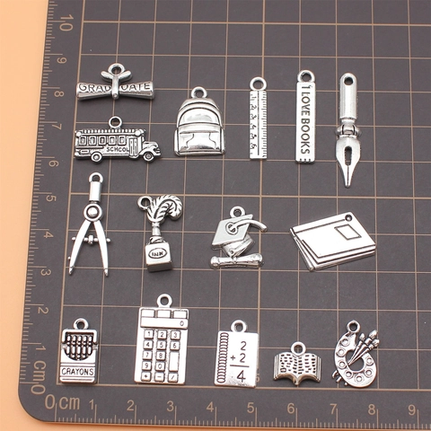 Antique Silver Alloy School Theme Pendants For DIY Jewelry Making School Bus Ruler Graduation Hat Book Charms