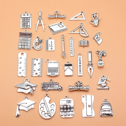 Antique Silver Alloy School Supplies Charms Graduation Jewelry Making DIY Book Ruler Compass Pen Pendant Accessories