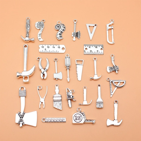 Antique Silver Alloy Miniature Tool Charms For DIY Jewelry Making Pendants Including Saw Axe Hammer Screwdriver Pliers Ruler