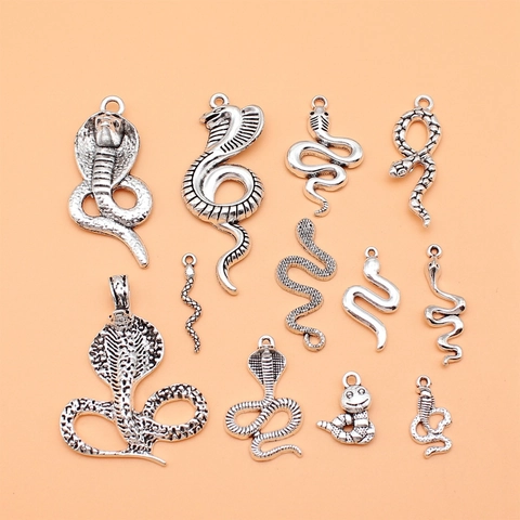 Antique Silver Alloy Snake Charms Mixed Cobra Serpent Pendants For DIY Jewelry Making Vintage Animal Charms For Necklaces