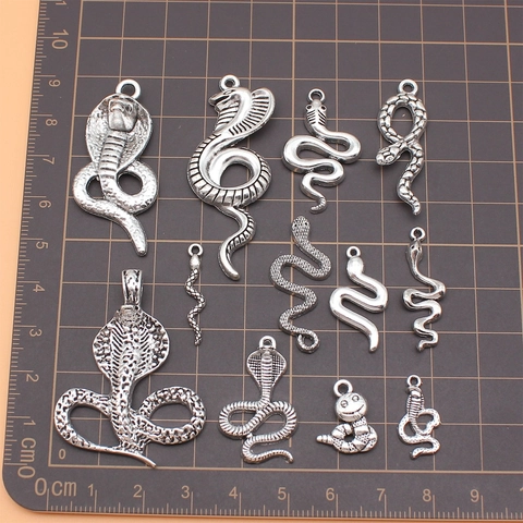 Antique Silver Alloy Snake Charms Mixed Cobra Serpent Pendants For DIY Jewelry Making Vintage Animal Charms For Necklaces