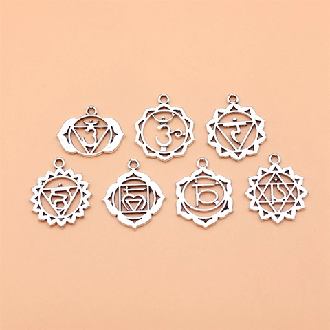 7 Stück Antiksilber Chakra Om Symbol Legierung Anhänger Charms Set Für Yoga Meditation DIY Halskette Armband Schmuckherstellung Zubehör