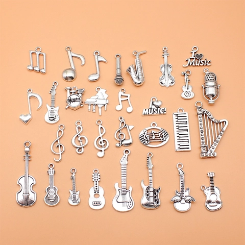 Vintage Antique Silver Music Theme Alloy Charms Musical Instruments Notes Guitar Violin Piano DIY Jewelry Making Pendants