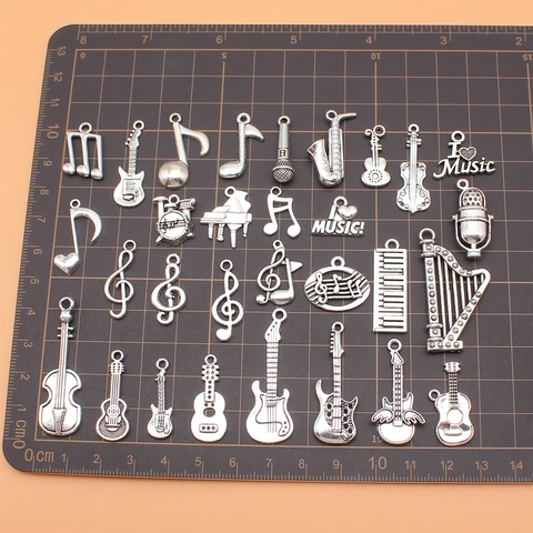 Vintage Antique Silver Music Theme Alloy Charms Musical Instruments Notes Guitar Violin Piano DIY Jewelry Making Pendants