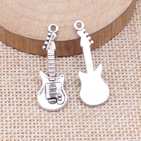 Vintage Alloy Electric Bass Guitar Pendant For DIY Jewelry Making Ancient Silver Musical Instrument Charm Accessories