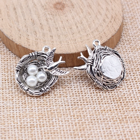 Vintage Alloy Bird Nest Flying Bird Pendant With Artificial Pearl Charms For DIY Necklace Bracelet Making Antique Jewelry Accessory