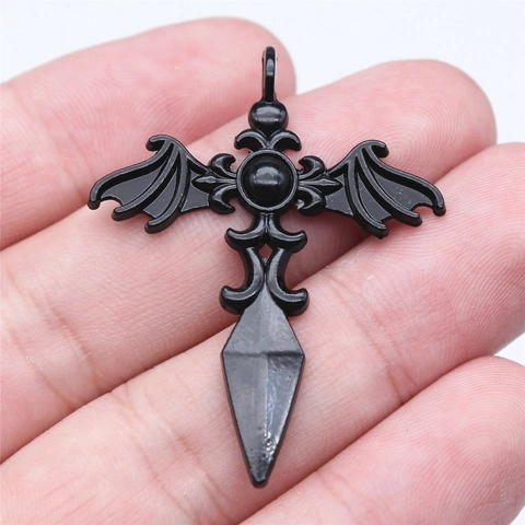Gothic Bat Wing Cross Sword Alloy Pendant For DIY Jewelry Making Dark Punk Style Accessory Antique Silver Bronze Gold Black