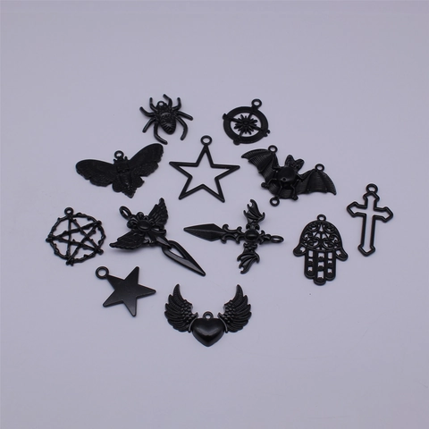 Gothic Alloy Black Pendants For DIY Jewelry Making Vintage Spider Cross Pentagram Skull Moth Charms Punk Dark Style Crafting Accessories