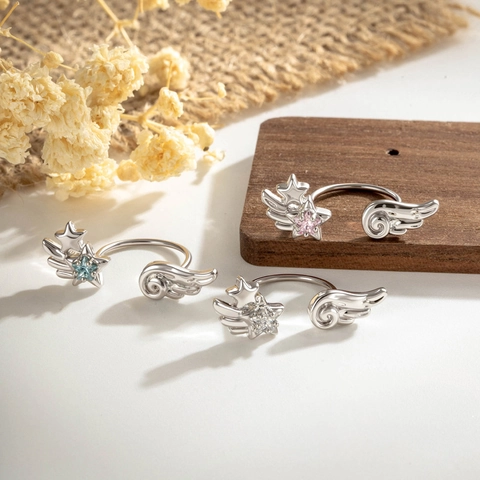 Angel Wings Star C-Shaped Ear Cartilage Stud Earring Titanium Steel Copper Zircon Inlaid Sweet Cool Piercing Jewelry