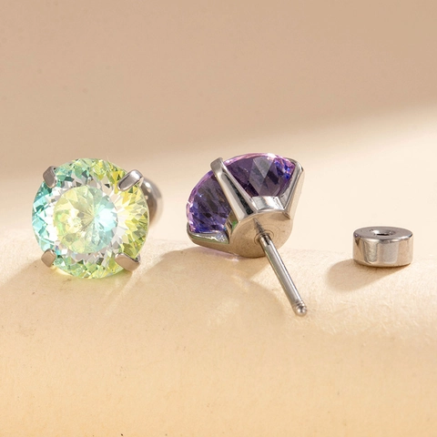 Round Gradient Cubic Zirconia Stud Earrings Titanium Steel Bird Nest Cut Screw Back Helix Cartilage Jewelry For Women
