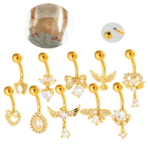Belly Button Ring With Cubic Zirconia Stainless Steel Rod Heart Wing Crown Dangle Navel Piercing Jewelry