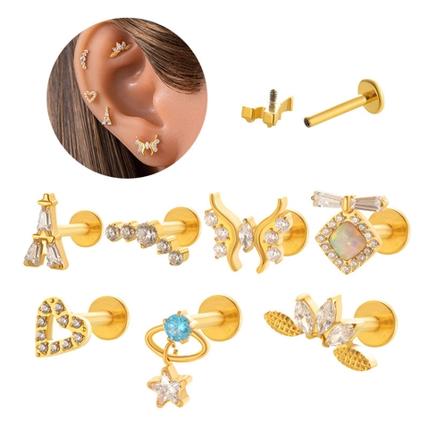 Pendientes De Cartílago De Titanio G23 Con Circonita Rosca Interna Parte Posterior Plana Joyería De Piercing Labret