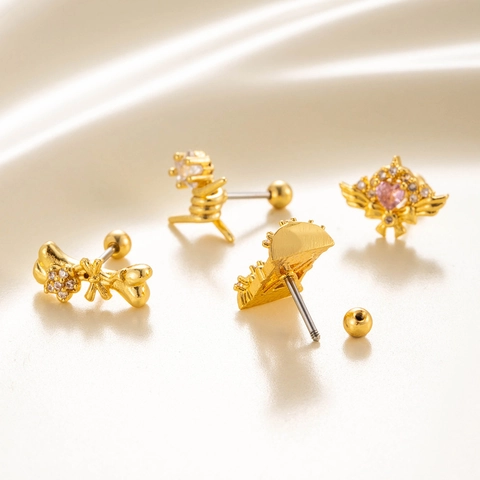 Zirkonia Knorpel Ohrstecker Kupfer Mit Edelstahl Stab Schraubverschluss Engel Flügel Herz Krone Piercing Schmuck