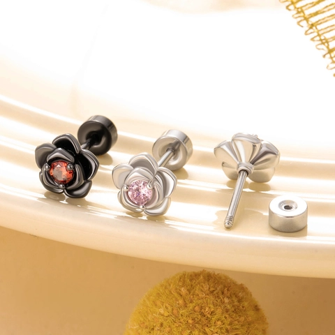 Bloem Oorknopjes Titanium Staal Roosvorm Zirkonia Schroefsluiting Trendy Coole Unisex Sieraden