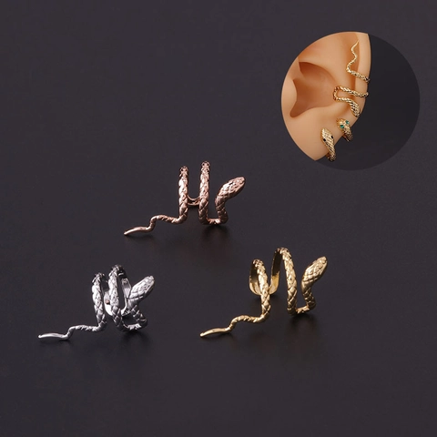Punk Snake Ear Cuff Earrings Copper Non Pierced Wrap Around Gothic Realistic Scale Texture Fashion Jewelry Women