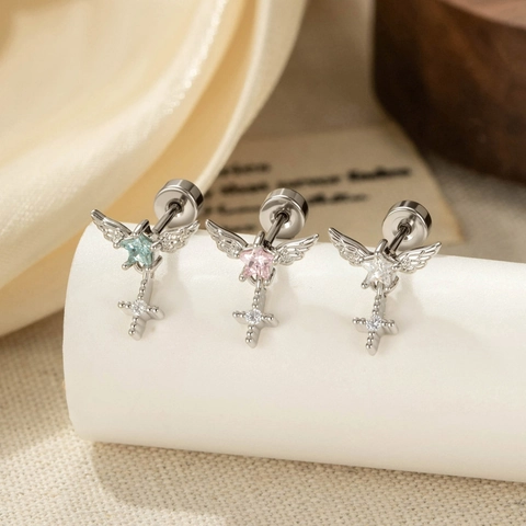Titanium Steel Angel Wings Star Cartilage Earring Stud With Cross Pendant Zircon Inlaid Screw Back Piercing Jewelry For Women Men
