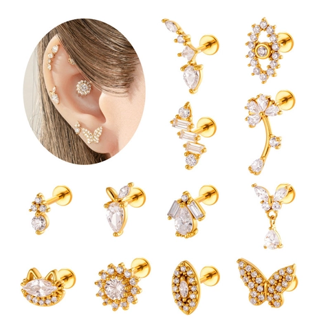 Cartilage Stud Titanium Steel Zirconia Inlaid Labret Internally Threaded Flat Back Piercing Jewelry For Women Fashion