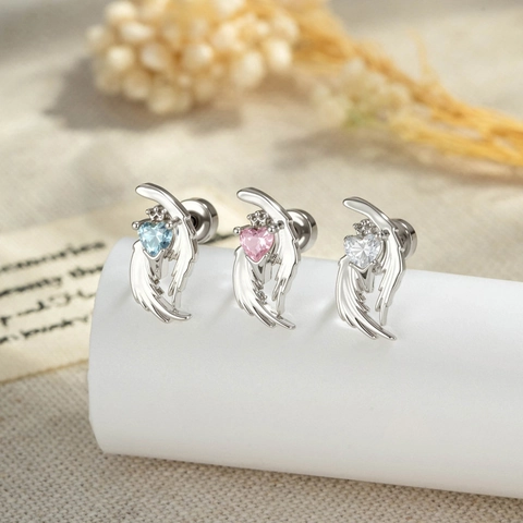 Angel Wings Heart Zircon Cartilage Piercing Earring Titanium Steel Copper Screw Back Stud Body Jewelry Sweet Cool Style