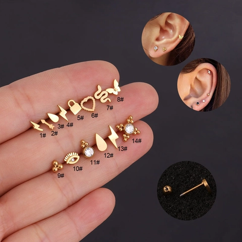 316L Rostfreier Stahl Helix Piercing Ohrstecker Für Damen Herren Blitz Schlange Herz Wassertropfen Strass Ohrstecker Schmuck