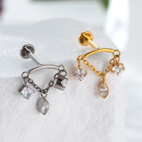 F136 Titanium Cartilage Earring Stud Zircon Chain Tassel Labret Lip Ring Piercing Jewelry