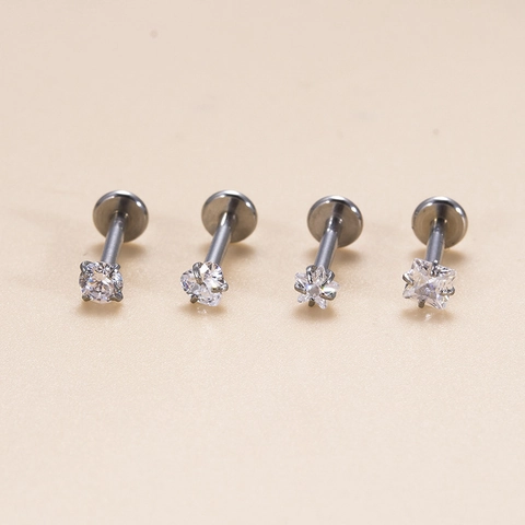 Stainless Steel Lip Rings Studs Cartilage Earrings Internal Thread Clear Zircon Heart Star Square Round Shapes