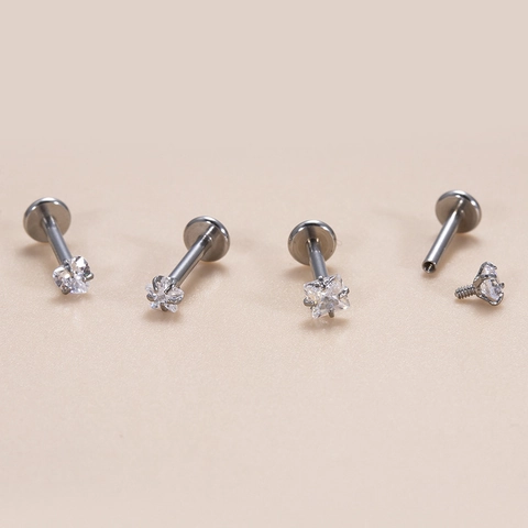Stainless Steel Lip Rings Studs Cartilage Earrings Internal Thread Clear Zircon Heart Star Square Round Shapes