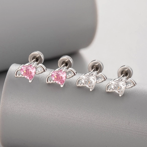Angel Wings Heart Cubic Zirconia Cartilage Ear Stud Titanium Steel Threaded Flat Back Piercing Jewelry For Women