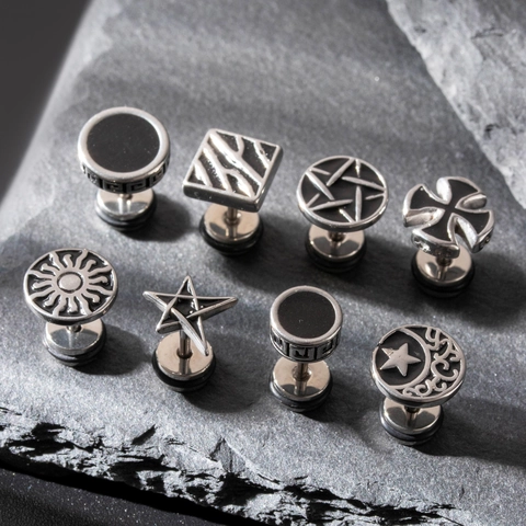 Stainless Steel Stud Earrings For Men Punk Vintage Style Geometric Pattern Sun Star Cross Piercing Jewelry Polished