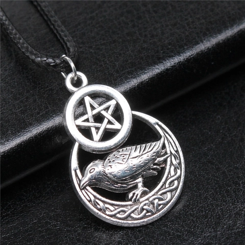 Vintage Gothic Crow Pentagram Pendant Necklace Antique Silver Alloy Mysterious Moon Raven Celtic Knot Men Jewelry