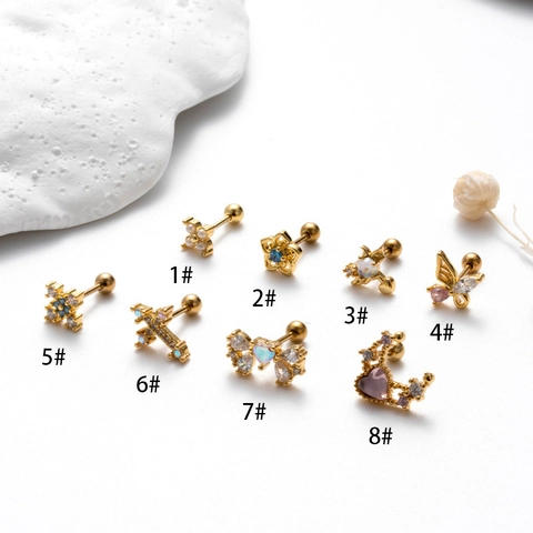 Boucles d'Oreilles Clous en Cuivre Plaqué Or Avec Tige en Argent Sterling 925 Zirconia Papillon Croix Cœur Bijoux d'Oreille