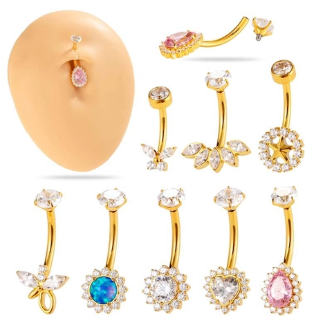 G23 Titanium Belly Button Ring Internally Threaded Zircon Flower Butterfly Heart Navel Piercing Jewelry For Women