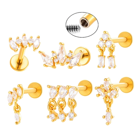 Labret Stud Piercing Labbro Orecchino Cartilagine Rame Intarsiato Zircone Con Asta In Lega Di Titanio Retro Piatto Gioielli Per Piercing