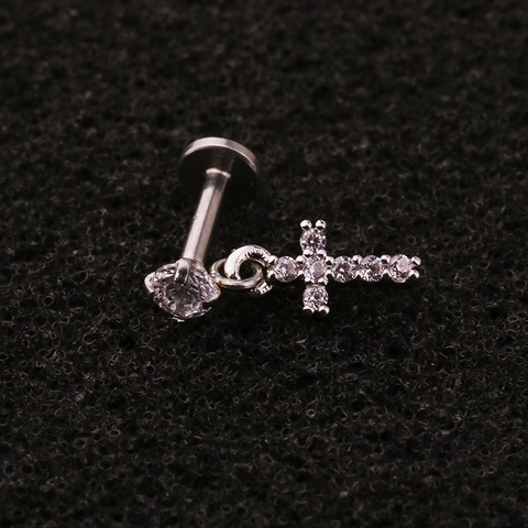 Internally Threaded Labret Stud Lip Ring Stainless Steel Cartilage Earring With Zirconia Pendant Flower Cross Heart Jewelry
