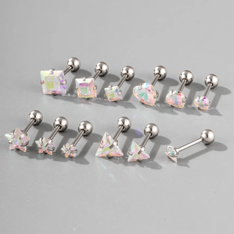 Stainless Steel Cartilage Stud Earrings Iridescent Zircon Screw Back Heart Star Triangle Square Round Piercing Jewelry