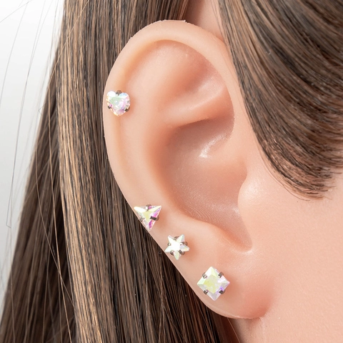 Stainless Steel Cartilage Stud Earrings Iridescent Zircon Screw Back Heart Star Triangle Square Round Piercing Jewelry