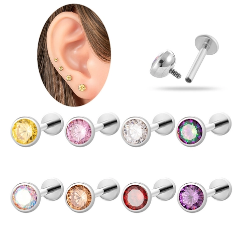 Titanlegierung Labret Stecker Lippenpiercing Schmuck Innengewinde Rund Zirkonia Flache Rückseite Knorpel Tragus Helix Ohrringe