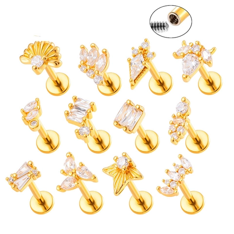 Titanium Internally Threaded Lip Ring Stud Copper Cubic Zirconia Labret Cartilage Piercing Jewelry Geometric Shell Leaf