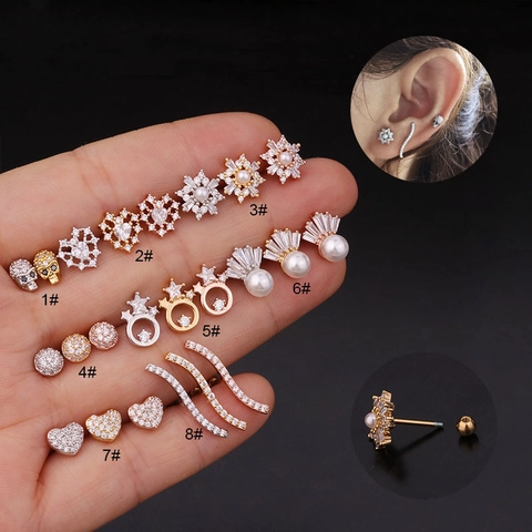 Boucles d'Oreilles Clous en Acier Inoxydable Strass et Perles Artificielles pour Femmes Piercing Cartilage Crâne Cœur Étoile Fleur Bijoux
