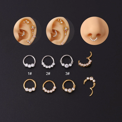 Stainless Steel Zircon Nose Ring Septum Clicker Seamless Hinged Segment Hoop Helix Piercing Jewelry Geometric Women