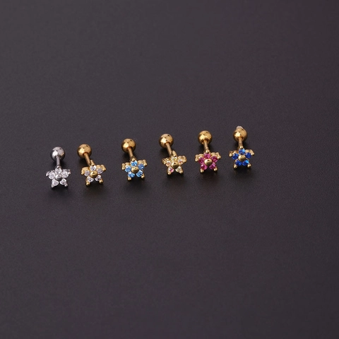 Flower Stud Earrings Stainless Steel Screw Ball Back Zircon Cartilage Piercing Tiny Flower Piercing Jewelry For Women